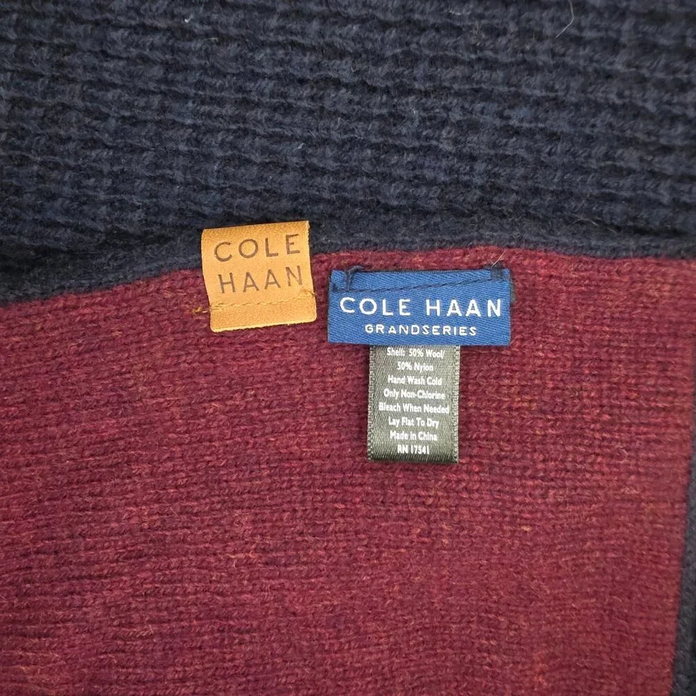Cole Haan Grand Series Neck Scarf 72x10 Maroon Navy Blue Knit Wool Nylon